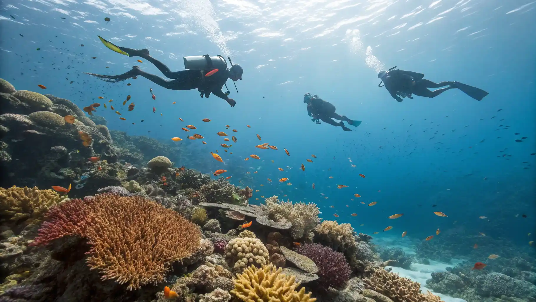 Wide angle shot of three divers hovering above pristine coral Labuan Bajo Diving