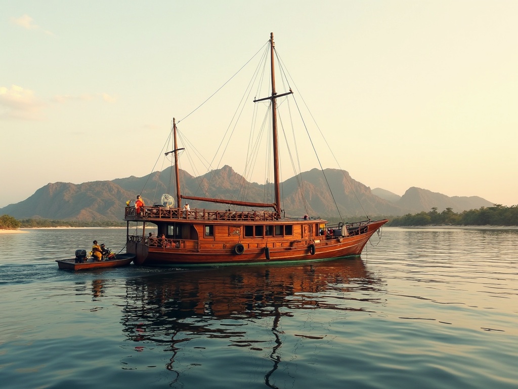 A wooden phinisi dive liveaboard anchored among Komodo's dry islands at golden hour