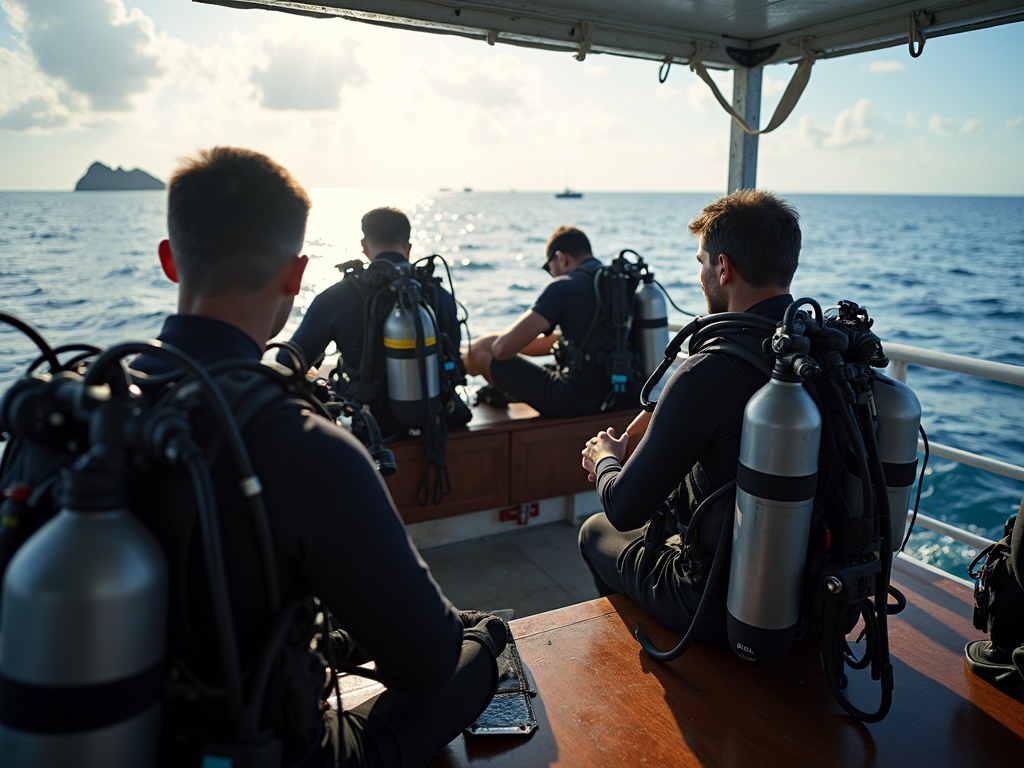 Divers preparing their scuba gear on the back deck of a boat before a Komodo dive