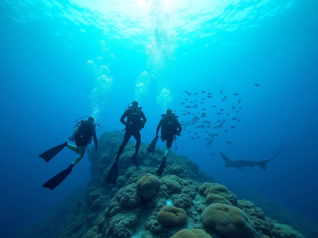Three divers over a Komodo pinnacle with a reef shark in the blue