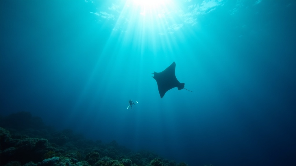 A scuba diver in clear blue Komodo water as a reef manta ray glides overhead